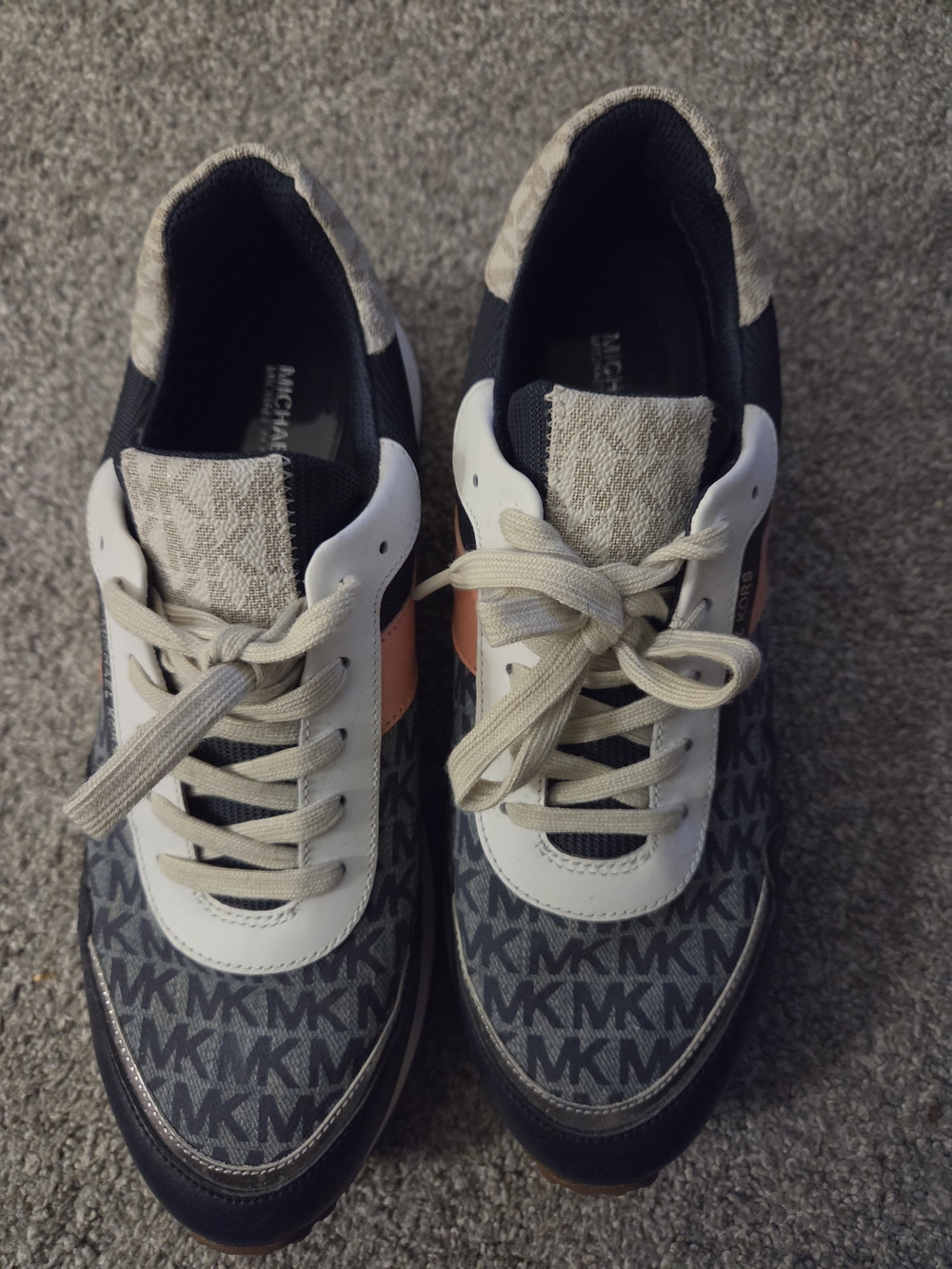 Michael Kors Womens Navy, White & Tan Logo-Print Sneakers